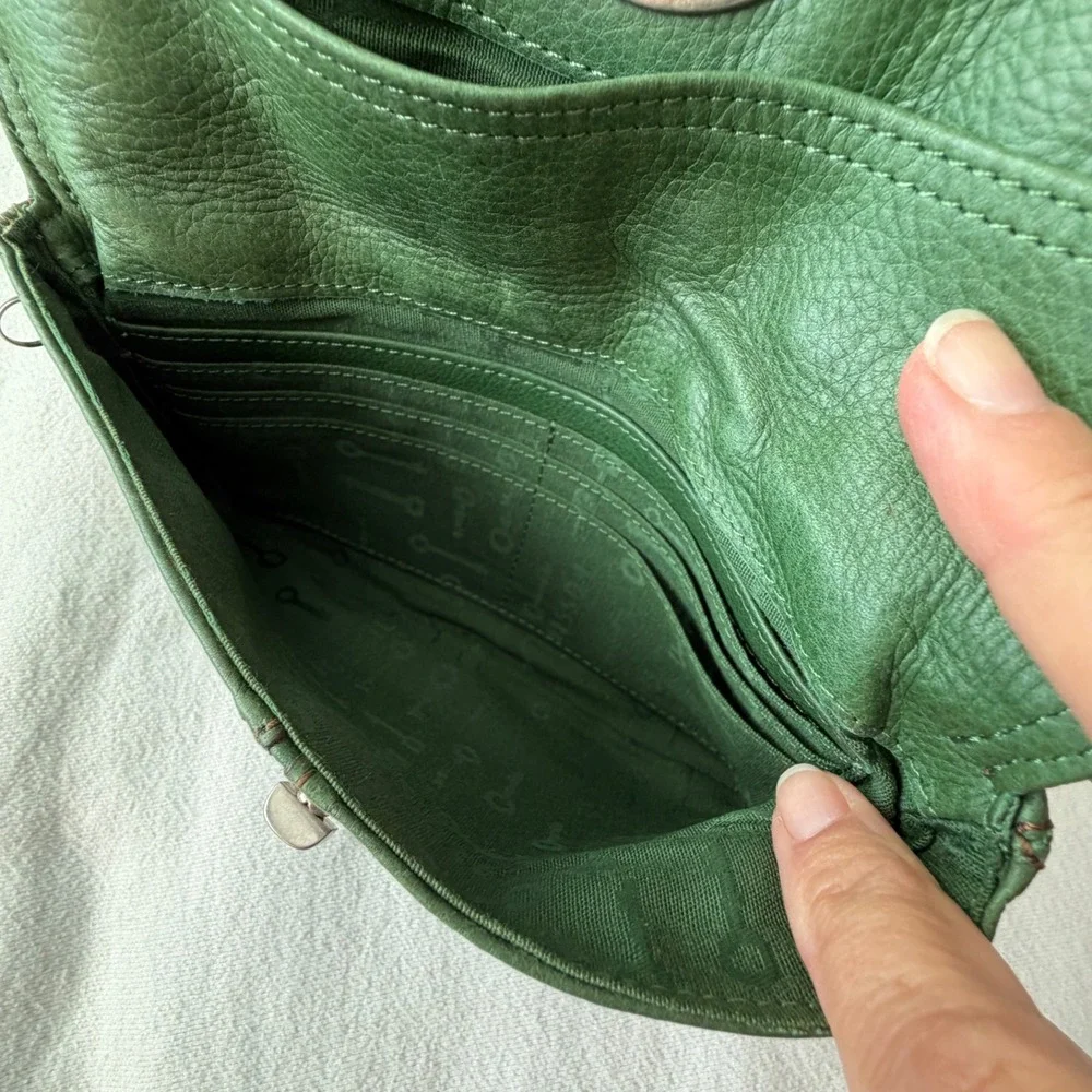 Fossil Green Pebbled Leather Turn Lock Clutch Wallet with Key Print Lining